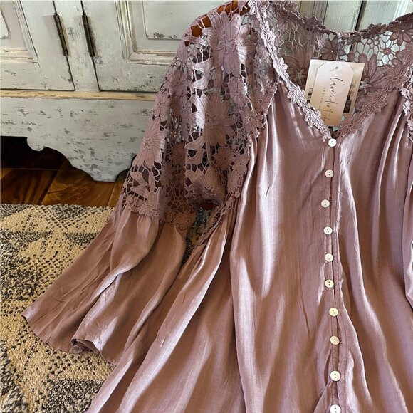 Cotton Blouse 3/4 Sleeve Button Front Floral Purple Top - Picture 6 of 8